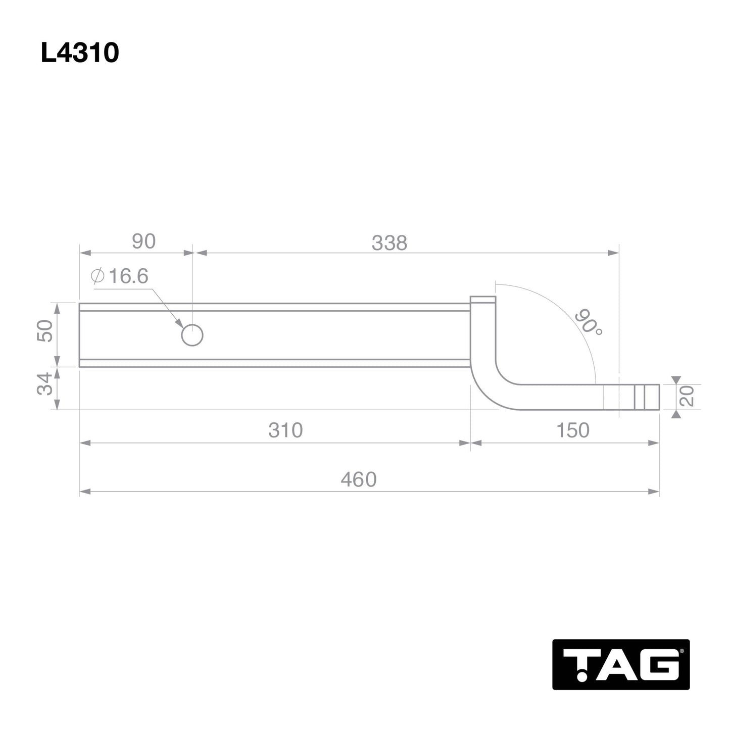 TAG Tow Ball Mount - 338mm Long, 90°Face, 50mm Square Hitch