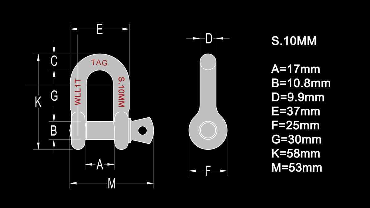TAG D-Shackle - 10mm, 1000kg, Carbon Steel, Galvanised