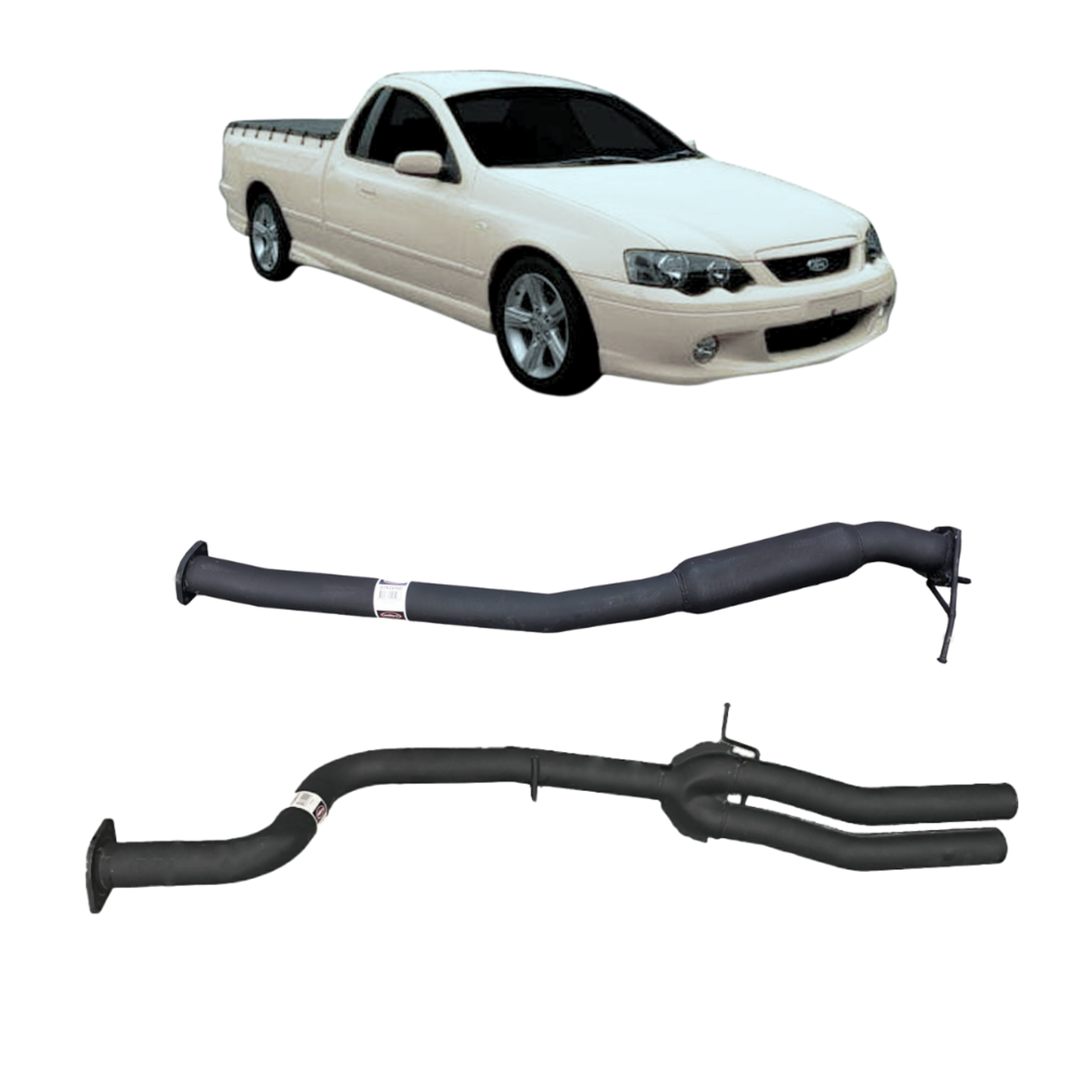 Redback BA BF Ute 2.5" Catback Hotdog Centre and Dual out tail Pipe Rear