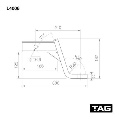 TAG Tow Ball Mount - 210mm Long, 108° Face, 50mm Square Hitch