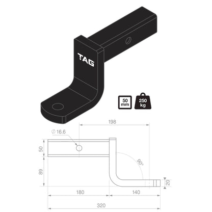 TAG Tow Ball Mount - 198mm Long, 90° Face, 50mm Square Hitch