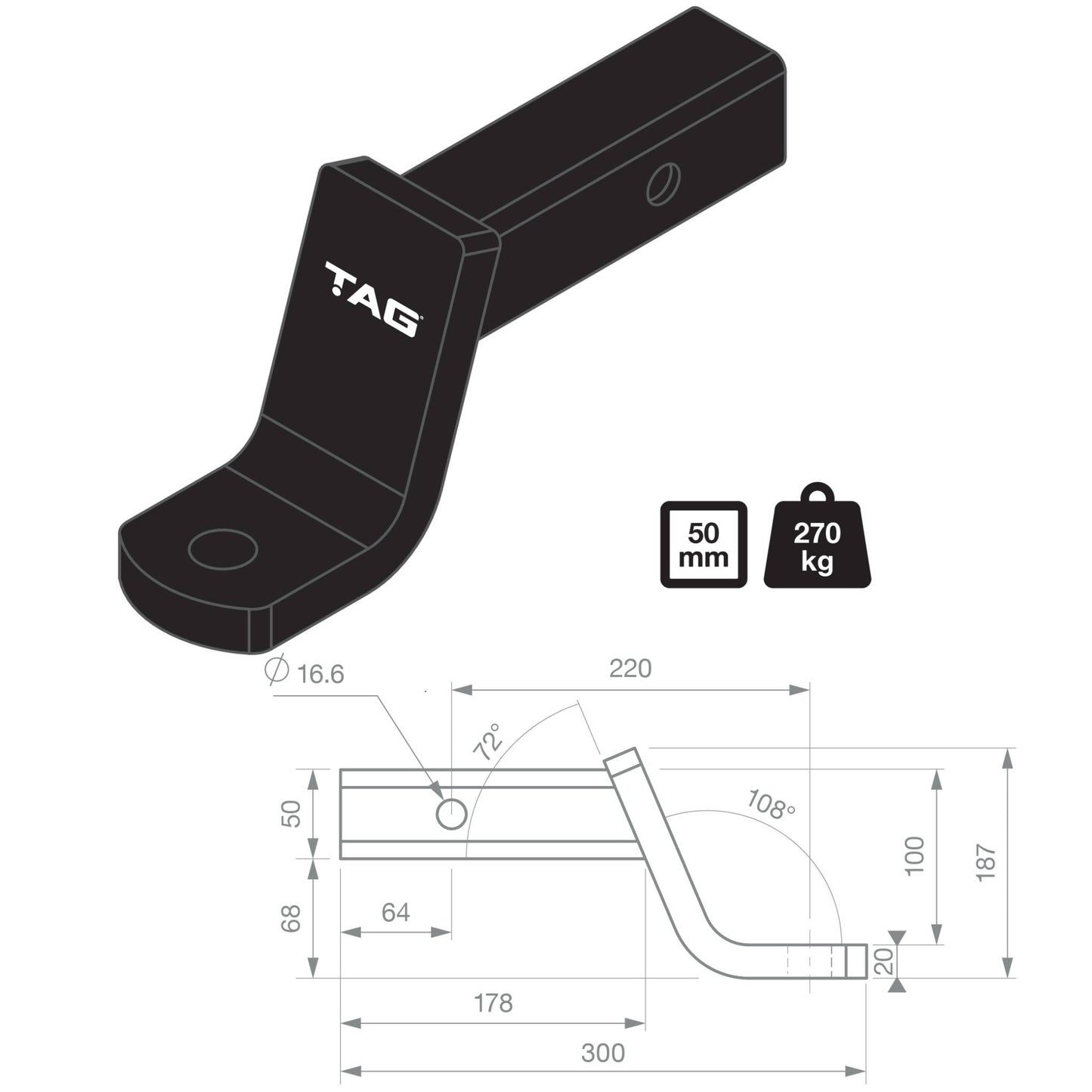 TAG Tow Ball Mount - 220mm Long, 108° Face, 50mm Square Hitch