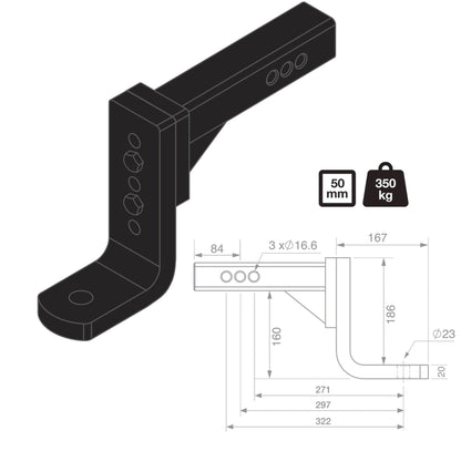 TAG Adjustable Tow Ball Mount - 297mm Long, 90° Face, 50mm Square Hitch