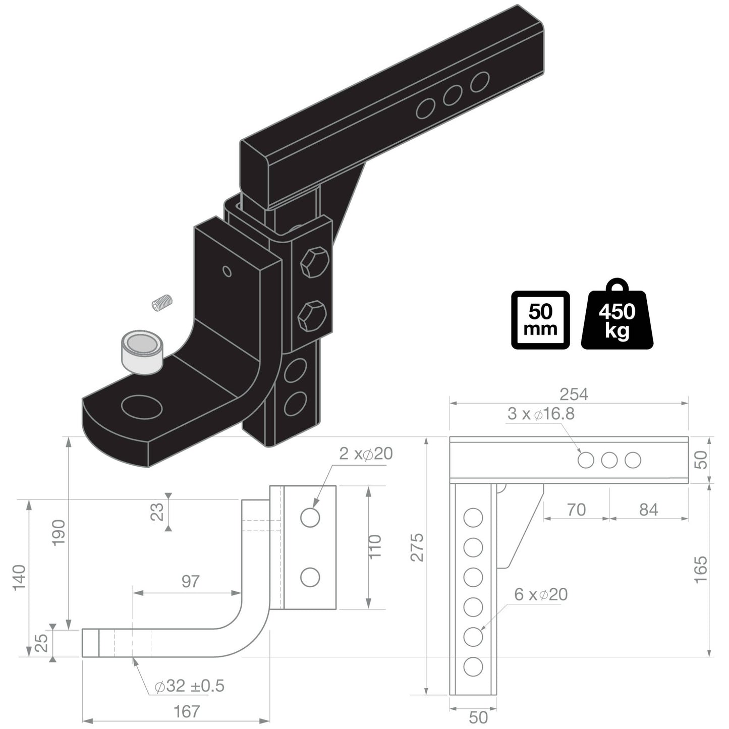 TAG Adjustable Heavy Duty Tow Ball Mount - 90° Face, 50mm Square Hitch