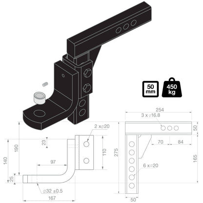 TAG Adjustable Heavy Duty Tow Ball Mount - 90° Face, 50mm Square Hitch
