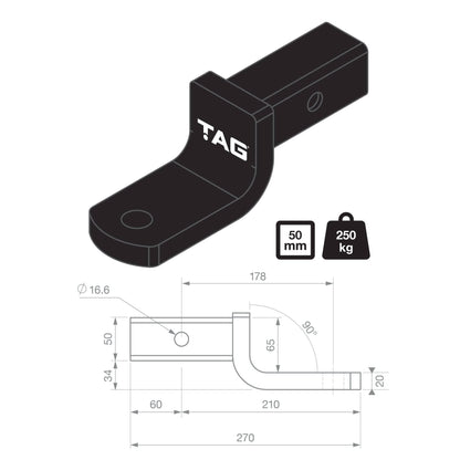 TAG Tow Ball Mount - 178mm Long, 90° Tongue Face, 50mm Square Hitch